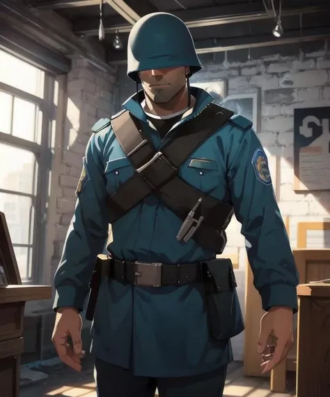 masterpiece, solo, tf2soldier, (bluteam), 1boy, portrait, detailed background, indoors, <lora:tf2soldierlorav1:0.8>