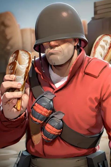 masterpiece, solo, tf2soldier, redteam, helmet, red jacket, bandolier, two grenades, covered eyes, upper body, front view, facing front, from front position , (casting a red spell on bread:1.5), detailed background, outdoors, outside, <lora:soldierlorav3:1>