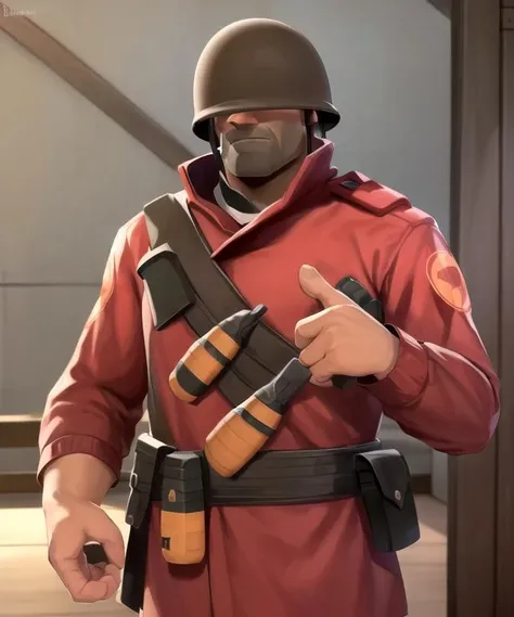 masterpiece, solo, tf2soldier, redteam, helmet, red jacket, bandolier, two grenades, covered eyes, upper body, front view, facing front, from front position , (holding bread:1.5), detailed background, outdoors, outside, <lora:soldierlorav3:1>