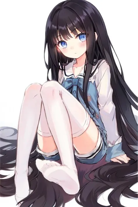 1girl, long hair, solo, thighhighs, black hair, sitting, blue eyes, shorts, white legwear, blush, looking at viewer, no shoes, <lora:Shionji Yuuko:1>