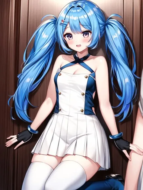 1girl, <lora:Lena_v1:0.8>lena,blue hair,twintails, blue shirt,white shirt,white skirt, thigh boots, blue thighhighs, sleeveless, fingerless gloves, miniskirt,, <lora:flatBG:-0.6> ,<lora:flat2:-0.6>,(dark light:1.2),(hyper extreme detailed),(masterpeace:0.5),(hyper extreme),(photorealistic),game cg,llustration,novel illustration,beautiful lighting,light from the front,BREAK, <lora:GoodHands-beta2:1>,(good hand,nice hands, perfect hands:1.2),five finger,