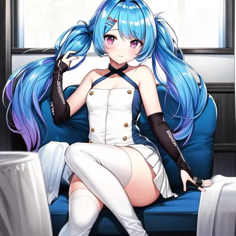 1girl,  <lora:Lena_v1:0.8>lena,blue hair,twintails, blue shirt,white shirt,white  skirt, thigh boots, blue thighhighs, sleeveless, fingerless gloves, miniskirt,, <lora:flatBG:-0.6> ,<lora:flat2:-0.6>,(dark light:1.2),(hyper extreme detailed),(masterpeace:0.5),(hyper extreme),(photorealistic),game cg,llustration,novel illustration,beautiful lighting,light from the front,BREAK, <lora:GoodHands-beta2:1>,(good hand,nice hands, perfect hands:1.2),five finger,