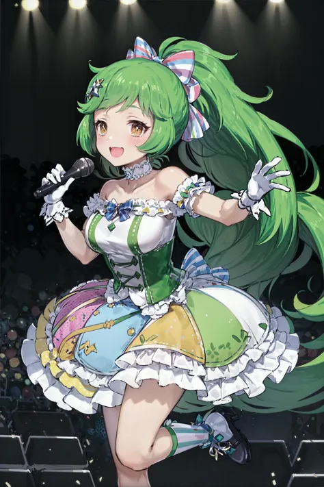 masterpiece, absurdres, high detail, uhd, outdoors, stage, concert hall, audience, spotlight, 
standing on one leg, holding mic, smile,
rutika, green hair, very long hair, ponytail, hair bow, green dress, bow, striped bow, bare shoulders, collarbone, puffy short sleeves, frills, white gloves, frilled dress, polka dot, puffy skirt, multicolored skirt
<lora:gomaotsu-rucchika-t1:0.8>