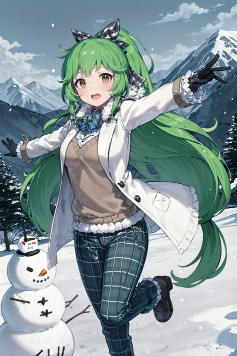 masterpiece, absurdres, high detail, uhd, outdoor, mountain, snow, snowman, bare tree, 
standing, outstretched arms, banzai, standing on one leg, 
rutika, green hair, very long hair, ponytail, hair ribbon, fur-trimmed collar, white coat, duffel coat, long sleeves, frills, brown gloves, blue pants, plaid pants,
 <lora:gomaotsu-luccica-t1-000080:0.7>