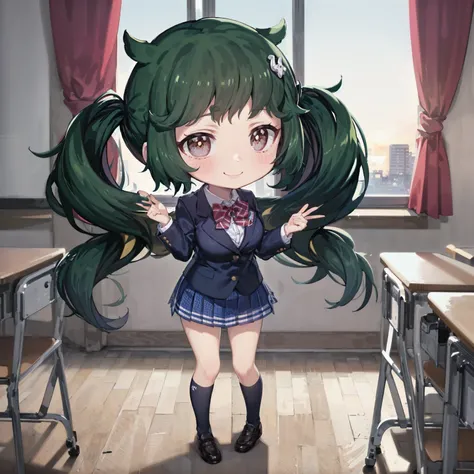 masterpiece, absurdres, high detail, uhd, classroom, sunset, curtains,
standing, smile,
chibi, rutika, black hair, very long hair, twintails, hair ornament, hair bow, school uniform, blazer, white shirt, bowtie, pleated skirt, blue skirt, black socks
<lora:gomaotsu-rucchika-t1:0.7>