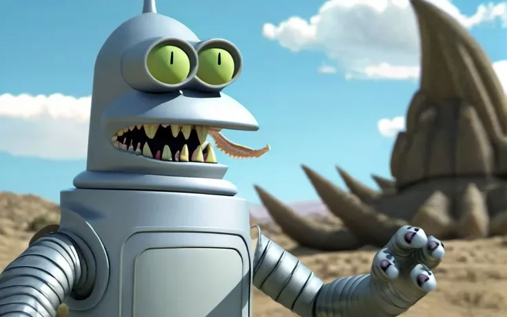 A horror film frame of ((an alien godzilla lizard)) benderbot <lora:SDXL-benderbot-Lora:0.8>, very detailed, clean, high quality, sharp image