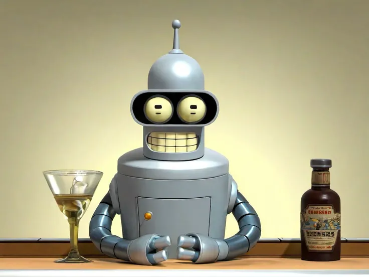 ((A photo of a robot drinking liqueur at a bar)) benderbot <lora:SDXL-benderbot-Lora:1.0>, very detailed, clean, high quality, sharp image