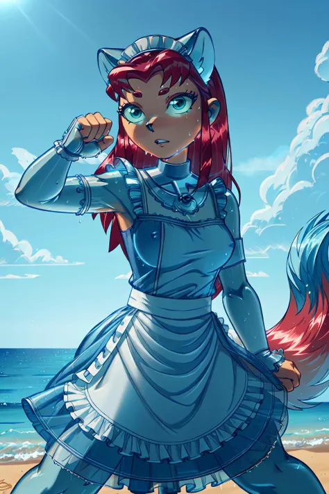 (masterpiece:1.2), (highly detailed:1.2), (intricate:1.2), (best quality:1.2),(8k:1.2),
cinematic light, vivid colors,
 [anthro cat : starfire : 0.7], red hair, long hair, green eyes, orange skin, sea, sand, blue sky, tropical island background <lora:StarfireTT:1>, (detailed fluffy fur:1.2), (wet fur:1.2), (fighting stance:1.2),
(ral-blueresin glowing transparent maid dress:1.2), <lora:ral-blueresin:1>