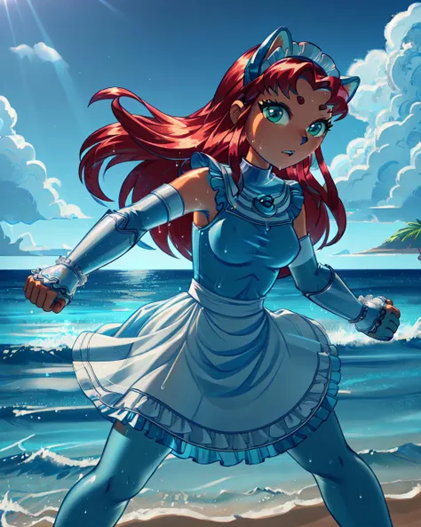 (masterpiece:1.2), (highly detailed:1.2), (intricate:1.2), (best quality:1.2),(8k:1.2),
cinematic light, vivid colors,
 [anthro cat : starfire : 0.7], red hair, long hair, green eyes, orange skin, sea, sand, blue sky, tropical island background <lora:StarfireTT:1>, (detailed fluffy fur:1.2), (wet fur:1.2), (fighting stance:1.2),
(ral-blueresin glowing transparent maid dress), <lora:ral-blueresin:1>