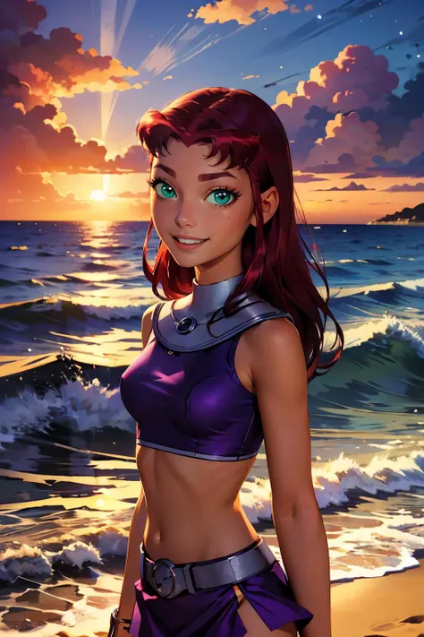 starfire, orange skin,green eyes,jewellery, long red hair, wearing a purple crop top, midriff, purple miniskirt, looking at viewer, smiling,
standing, outside, beach, ocean, sunset, twilight sky, extreme detail, masterpiece, <lora:StarfireTT:.8>