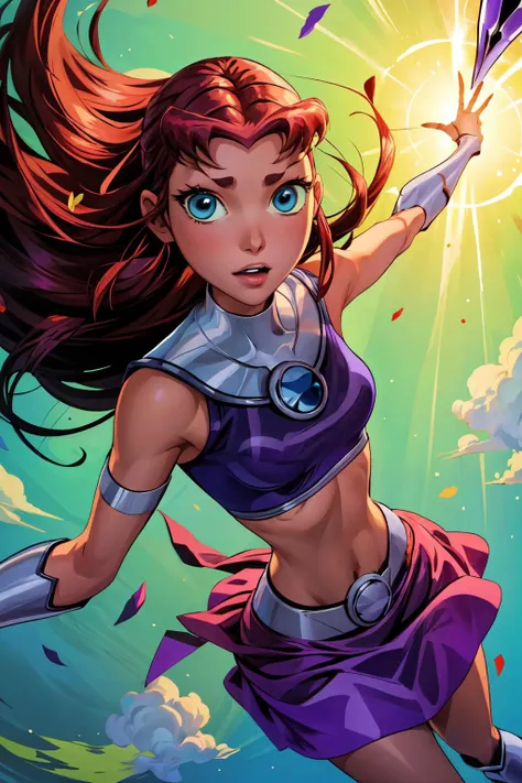 <lora:StarfireTT:0.8> starfire, skirt, anime, 2d, cartoon, midriff, 1girl, solo,( flying:1.1),( floating:1.1), <lora:add_detail:0.8>, masterpiece, best quality