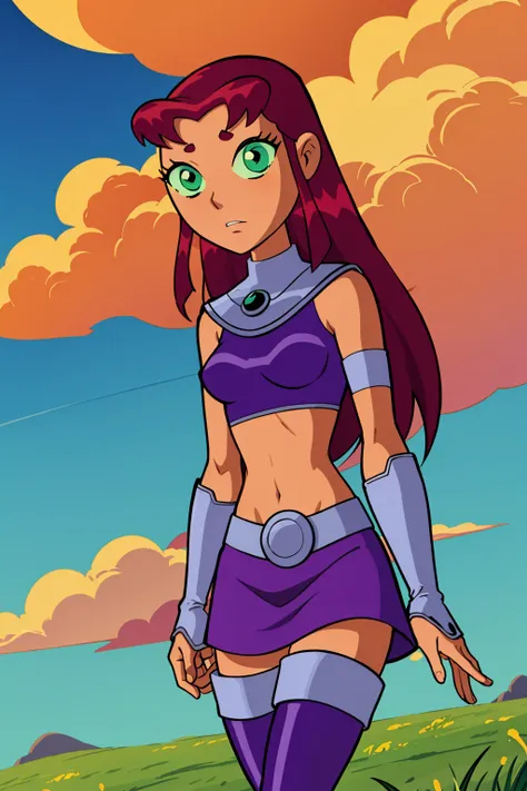 masterpiece, best quality, 1girl, starfire, red hair, long hair, green eyes, orange skin, crop top, midriff, miniskirt, thighhighs, thigh boots, solo, blue sky, cloud, grass, meadow background  <lora:StarfireTT:1>