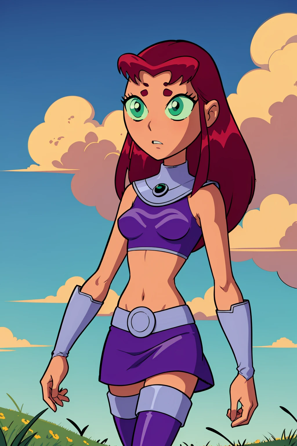 masterpiece, best quality, 1girl, starfire, red hair, long hair, green eyes, orange skin, crop top, midriff, miniskirt, thighhighs, thigh boots, solo, blue sky, cloud, grass, meadow background <lora:StarfireTT:1>
