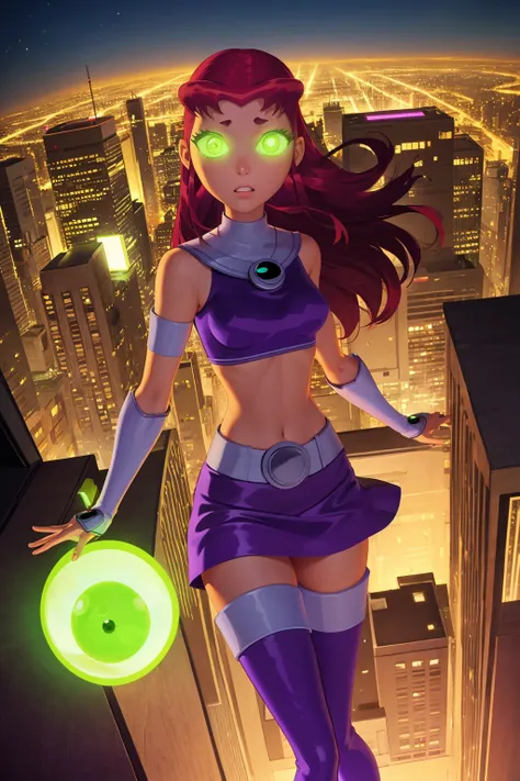 masterpiece, best quality, 1girl, starfire, red hair, long hair, green eyes, orange skin, crop top, midriff, miniskirt, thighhighs, thigh boots, glowing, casting magic green balls, solo, looking at viewer, smile, solo, blue sky, flying, city below <lora:StarfireTT:1>