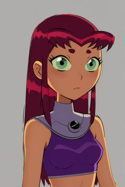((starfire)), Beautiful girl, skin tanned, red long hair, Neon green eyes, Purple clothes, (best qualityer), (8k_wallpaper), 16K, (great lighting), (detailled image),