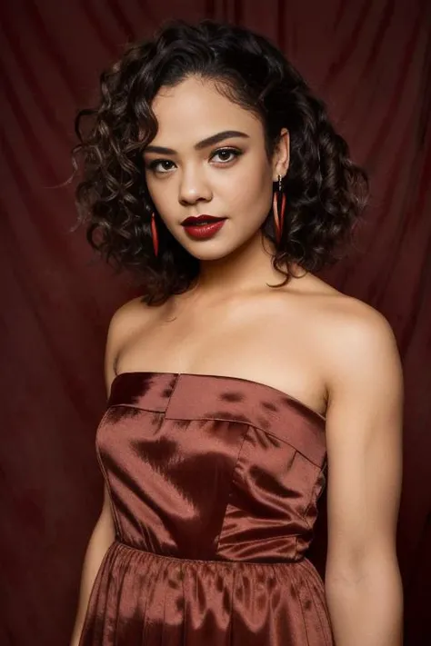 <lora:t3ss1th0mps0n:0.9>, a Realistic portrait of a t3ss1th0mps0n woman, long hair, looking at viewer, black hair, dress, bare shoulders, brown eyes, jewelry, upper body, earrings, nail polish, character name, makeup, red dress, lipstick, pink dress, red nails, curly hair, realistic, red lips, soft lighting, professional Photography, Photorealistic, detailed, standing in a dark Studio Room background, blurred background, RAW, analog, sharp focus, 8k, HD, DSLR, high quality, Fujifilm XT3, film grain, award winning, masterpiece