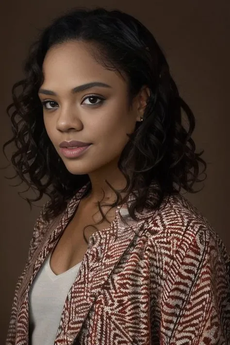 <lora:t3ss1th0mps0n:0.9>, a Realistic portrait of a t3ss1th0mps0n woman, looking at viewer, black hair, upper body, dark skin, dark-skinned female, lips, portrait, brown background, realistic, soft lighting, professional Photography, Photorealistic, detailed, standing in a dark Studio Room background, blurred background, RAW, analog, sharp focus, 8k, HD, DSLR, high quality, Fujifilm XT3, film grain, award winning, masterpiece
