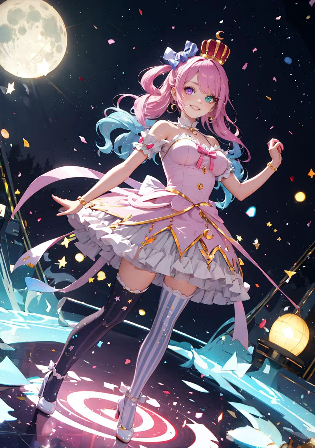 (masterpiece,best quality:1), high resolution, Front face lighting
1girl, full body, little body, cute woman, highlight, fantasy scenery,
smile,
shiny skin, shiny hair, large breasts,
himemori_luna, green eye, heterochromia, purple eye, multicolored hair, pink hair, blue hair, gradient hair
thighhighs, single hair ring, long hair, crown, crescent earrings, candy hair ornament, hair ornament, high heels, mismatched legwear, bracelet, pink dress, mini crown, princess, bare shoulders, vertical stripes, wavy hair, bow, crescent print, vertical-striped thighhighs
stage, stage lights, dynamic pose, smile, detailed background, floating hair,
<lora:light powder:0.7>
<lora:KitsuneAi-HimemoriLuna-LoCon32V1:0.7>