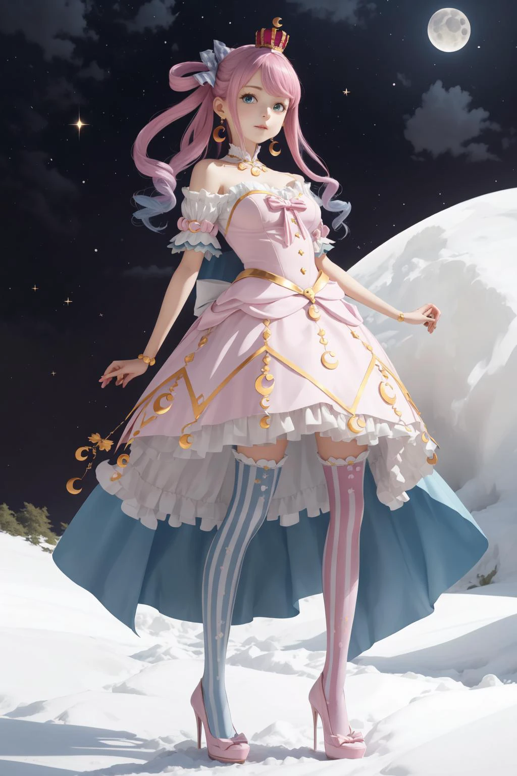 himemori luna, solo, thighhighs, single hair ring, long hair, crown, crescent earrings, candy hair ornament, hair ornament, high heels, mismatched legwear, bracelet, pink dress, mini crown, princess, bare shoulders, vertical stripes, wavy hair, bow, crescent print, vertical-striped thighhighs <lora:KitsuneAi-HimemoriLuna-LoCon32V1:1>