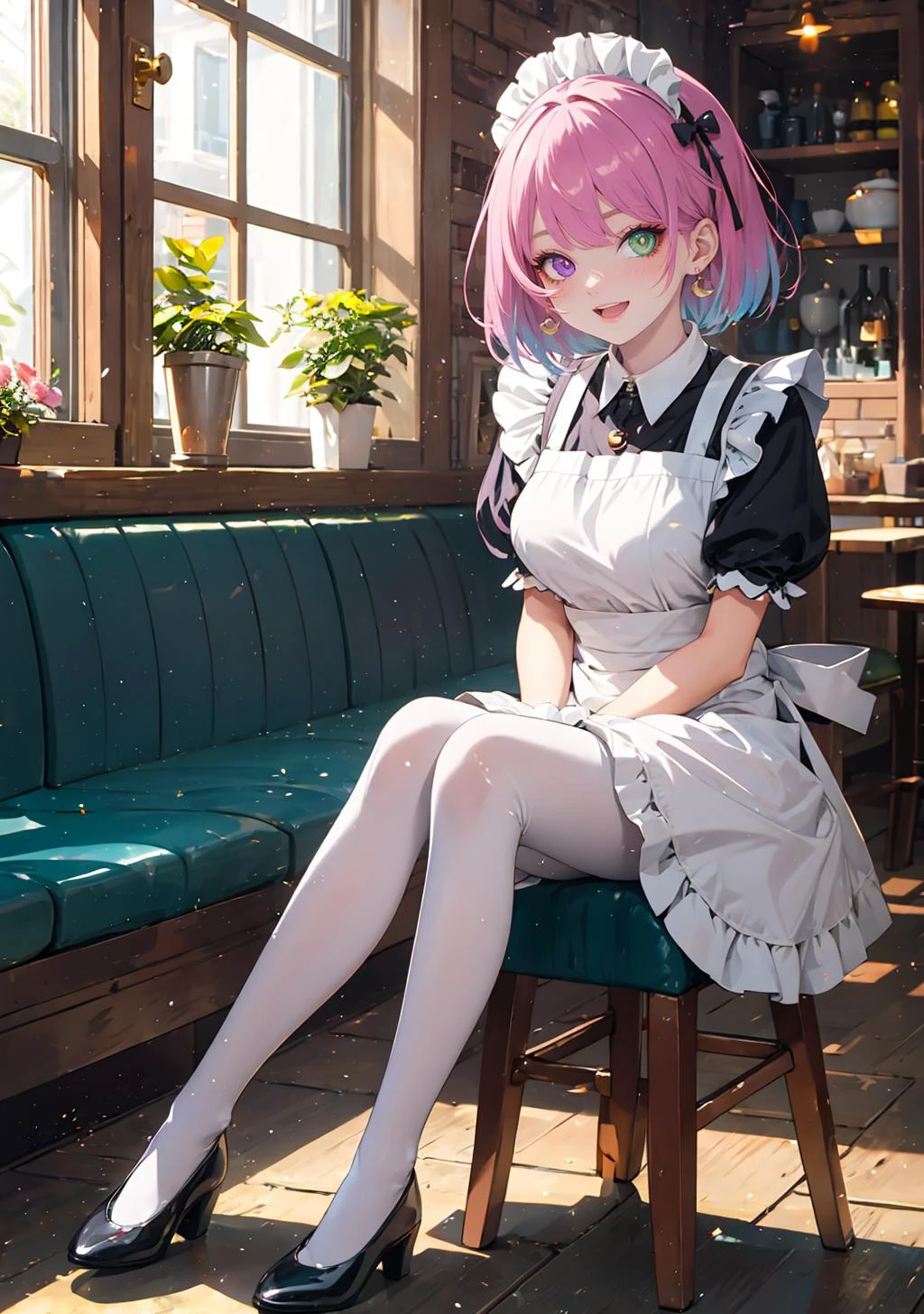 (masterpiece,best quality:1), high resolution, Front face lighting
1girl, full body, little body, cute woman, highlight, fantasy scenery,
smile, open mouth,
shiny skin, shiny hair, large breasts,
himemori_luna, green eye, heterochromia, purple eye, multicolored hair, pink hair, blue hair, gradient hair
crescent earrings, earrings, necklace, short hair,
silk full body suit, silk thigh suit, covered skin, maid apron, maid ribbon, gloves, indoors, cafe,
<lora:light powder:0.7>
<lora:KitsuneAi-HimemoriLuna-LoCon32V1:0.7>