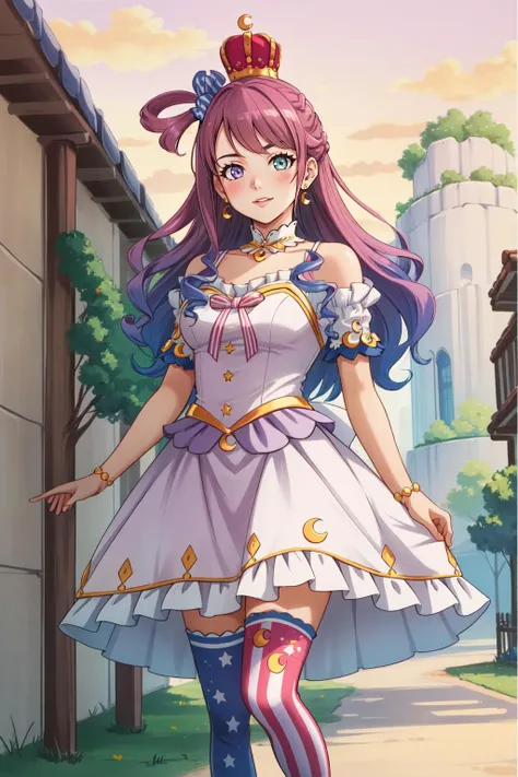 (masterpiece, best quality),  intricate details,
1girl,   <lora:KitsuneAi-HimemoriLuna-LoCon32V1:0.8> himemori luna,   thighhighs, single hair ring, long hair, crown, crescent earrings, candy hair ornament, hair ornament, high heels, mismatched legwear, bracelet, pink dress, mini crown, princess, bare shoulders, vertical stripes, wavy hair, bow, crescent print, vertical-striped thighhighs
 <lora:breakwasteland_v1:0.8> break wasteland, brown ground, white ground, outdoors, grass,