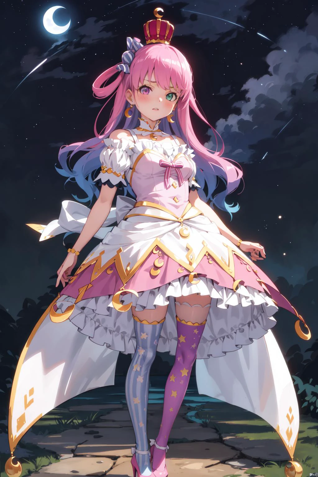 himemori luna, solo, thighhighs, single hair ring, long hair, crown, crescent earrings, candy hair ornament, hair ornament, high heels, mismatched legwear, bracelet, pink dress, mini crown, princess, bare shoulders, vertical stripes, wavy hair, bow, crescent print, vertical-striped thighhighs <lora:KitsuneAi-HimemoriLuna-LoCon32V1:1>