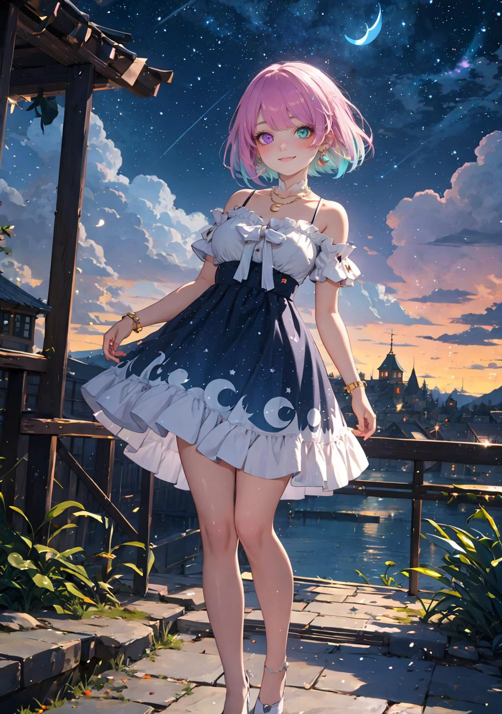 (masterpiece,best quality:1), high resolution, Front face lighting
1girl, full body, little body, cute woman, highlight, fantasy scenery,
smile, blush,
shiny skin, shiny hair, large breasts,
himemori_luna, green eye, heterochromia, purple eye, multicolored hair, pink hair, blue hair, gradient hair
blue dress, crescent earrings, earrings, smile, bracelet, necklace, crescent, short hair, starry sky print, collarbone
outdoors, fantasy scenery, fish, whale, scenery, sky, fantasy, cloud, animal, light particles, star (sky), building, tree, glowing, starry sky, city, night,
<lora:light powder:0.7>
<lora:KitsuneAi-HimemoriLuna-LoCon32V1:0.7>