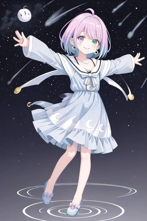 himemori luna, solo <lora:KitsuneAi-HimemoriLuna-LoCon32V1:1>
blue dress, crescent earrings, earrings, smile, bracelet, necklace, crescent, short hair, starry sky print, collarbone, full body, Open your arms,
