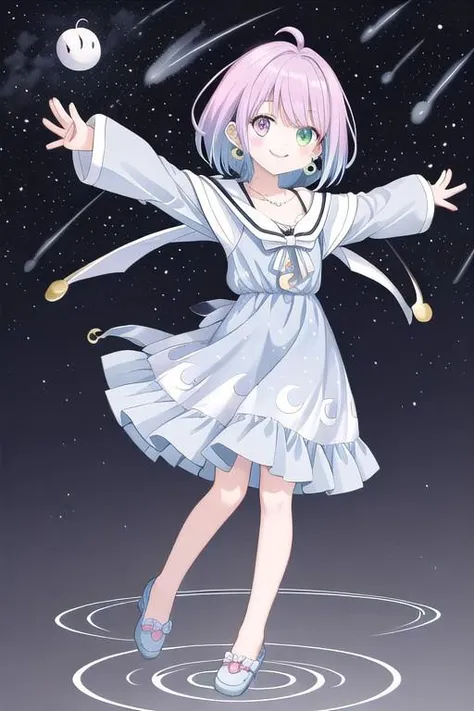 himemori luna, solo  <lora:KitsuneAi-HimemoriLuna-LoCon32V1:1>
blue dress, crescent earrings, earrings, smile, bracelet, necklace, crescent, short hair, starry sky print, collarbone, full body, Open your arms,