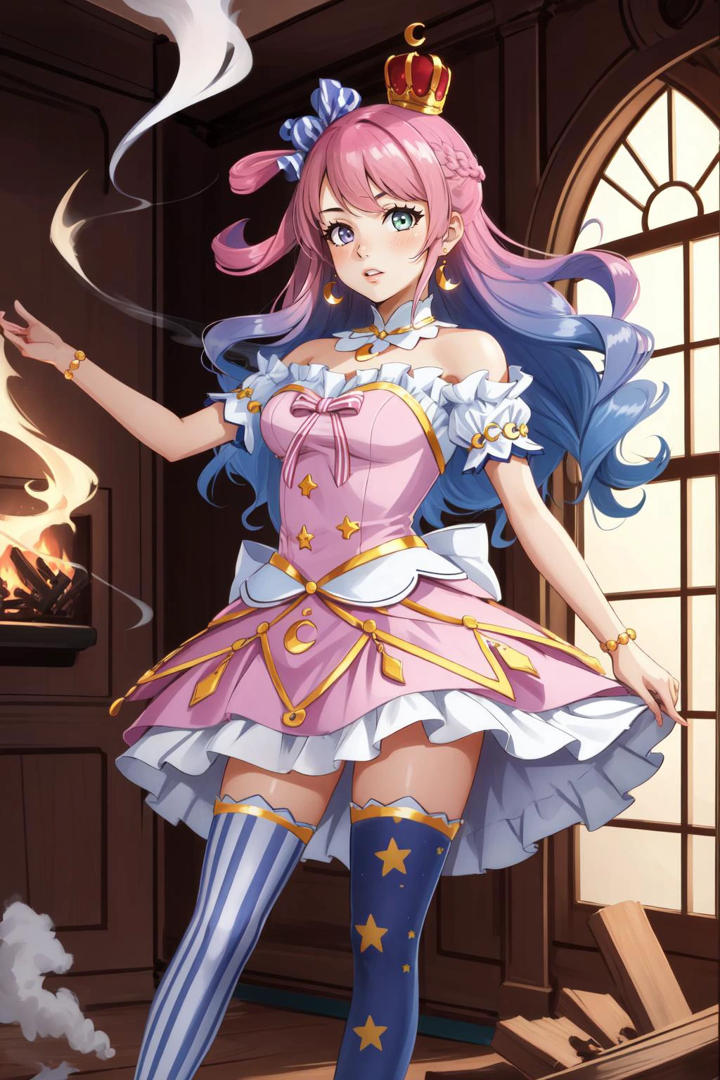 (masterpiece, best quality), intricate details,
1girl, <lora:KitsuneAi-HimemoriLuna-LoCon32V1:0.8> himemori luna, thighhighs, single hair ring, long hair, crown, crescent earrings, candy hair ornament, hair ornament, high heels, mismatched legwear, bracelet, pink dress, mini crown, princess, bare shoulders, vertical stripes, wavy hair, bow, crescent print, vertical-striped thighhighs
indoors, fire, smoke, debris, scared,