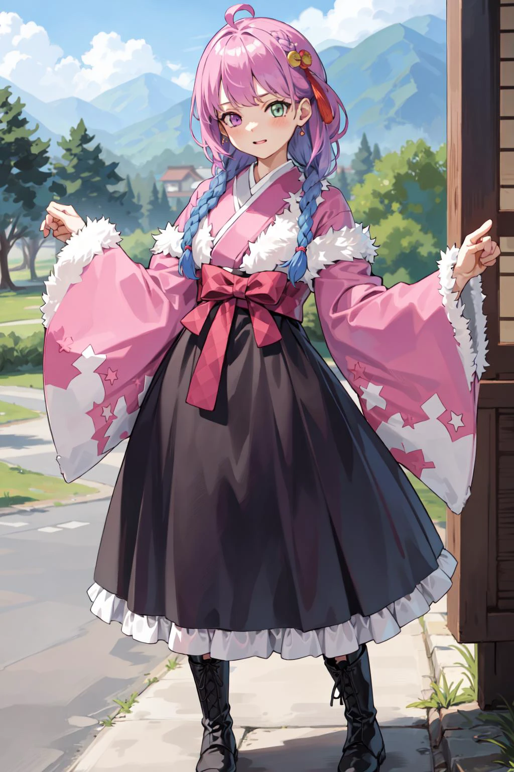 himemori luna, solo <lora:KitsuneAi-HimemoriLuna-LoCon32V1:1>
japanese clothes, boots, braid, kimono, twin braids, skirt, pantyhose, fur scarf, wide sleeves, pink kimono, cross-laced footwear, pinching sleeves, lace-up boots, fur trim, hakama, frills, frilled skirt, hakama skirt