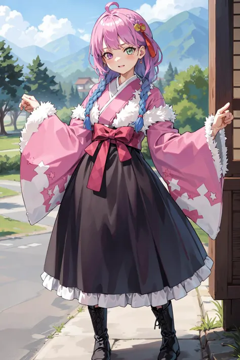 himemori luna, solo  <lora:KitsuneAi-HimemoriLuna-LoCon32V1:1>
japanese clothes, boots, braid, kimono, twin braids, skirt, pantyhose, fur scarf, wide sleeves, pink kimono, cross-laced footwear, pinching sleeves, lace-up boots, fur trim, hakama, frills, frilled skirt, hakama skirt