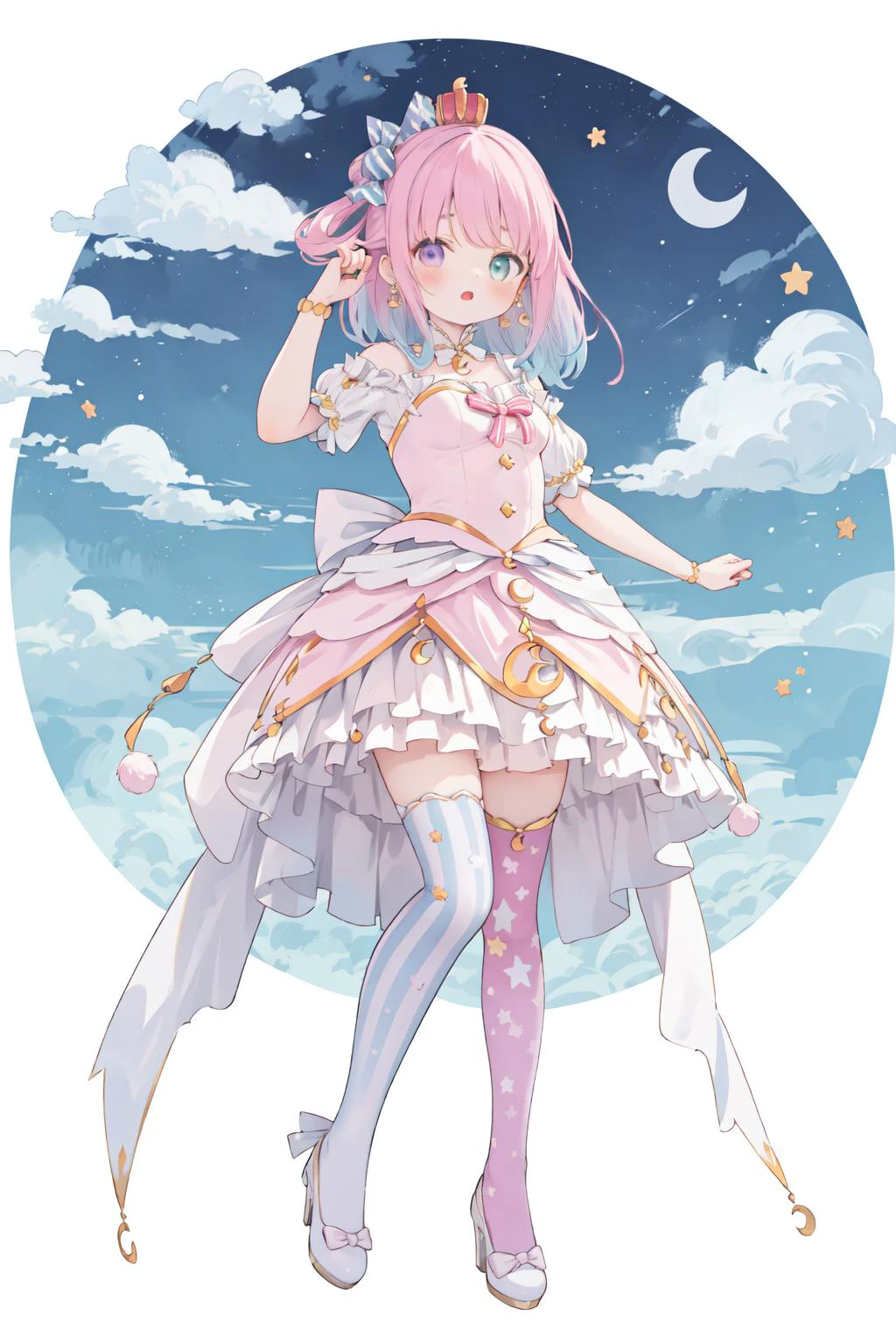himemori luna, solo, thighhighs, single hair ring, long hair, crown, crescent earrings, candy hair ornament, hair ornament, high heels, mismatched legwear, bracelet, pink dress, mini crown, princess, bare shoulders, vertical stripes, wavy hair, bow, crescent print, vertical-striped thighhighs <lora:KitsuneAi-HimemoriLuna-LoCon32V1:1>