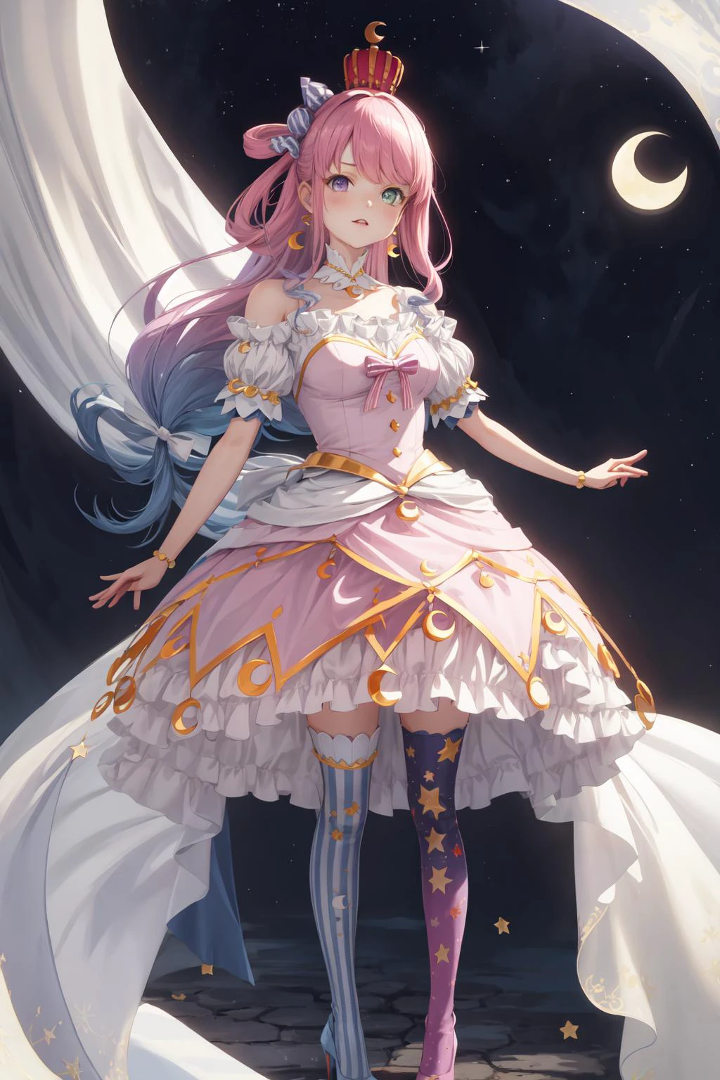 himemori luna, solo, thighhighs, single hair ring, long hair, crown, crescent earrings, candy hair ornament, hair ornament, high heels, mismatched legwear, bracelet, pink dress, mini crown, princess, bare shoulders, vertical stripes, wavy hair, bow, crescent print, vertical-striped thighhighs <lora:KitsuneAi-HimemoriLuna-LoCon32V1:1>