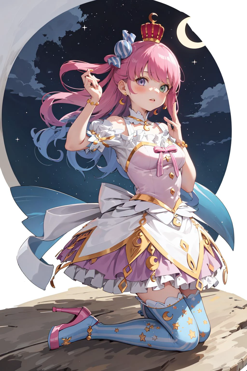 himemori luna, solo, thighhighs, single hair ring, long hair, crown, crescent earrings, candy hair ornament, hair ornament, high heels, mismatched legwear, bracelet, pink dress, mini crown, princess, bare shoulders, vertical stripes, wavy hair, bow, crescent print, vertical-striped thighhighs <lora:KitsuneAi-HimemoriLuna-LoCon32V1:1>