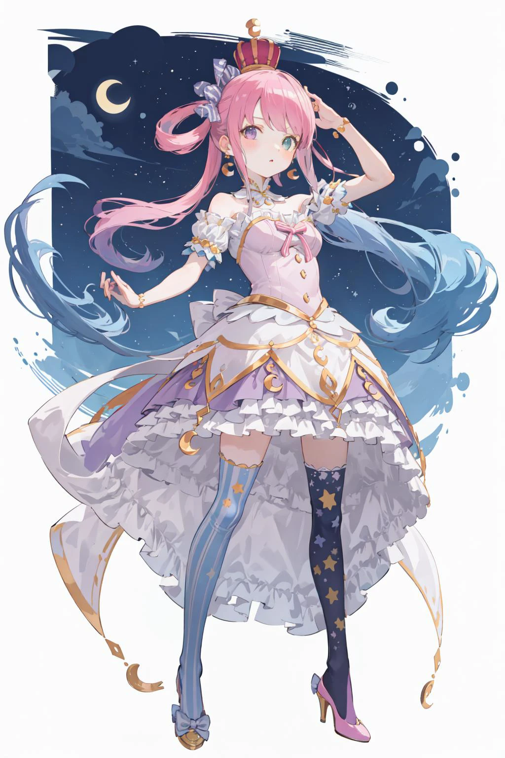 himemori luna, solo, thighhighs, single hair ring, long hair, crown, crescent earrings, candy hair ornament, hair ornament, high heels, mismatched legwear, bracelet, pink dress, mini crown, princess, bare shoulders, vertical stripes, wavy hair, bow, crescent print, vertical-striped thighhighs <lora:KitsuneAi-HimemoriLuna-LoCon32V1:1>