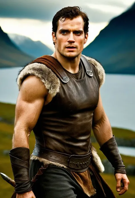 Ultra-detail, (highres:1.1), best quality, (masterpiece:1.3), Henry Cavill a man <lora:Henry-Cavill:1>, a Viking warrior prince wearing fur and leather armor rags rising above a battlefield, scales, handsome 23yo Norway male model, dynamic posture posing, full-body from above, dramatic angle. hairy body, skinny muscled, perfect biceps, great pecs, thin waist, perfect jawline, strong and powerful, sporty, great detail, satisfaction,