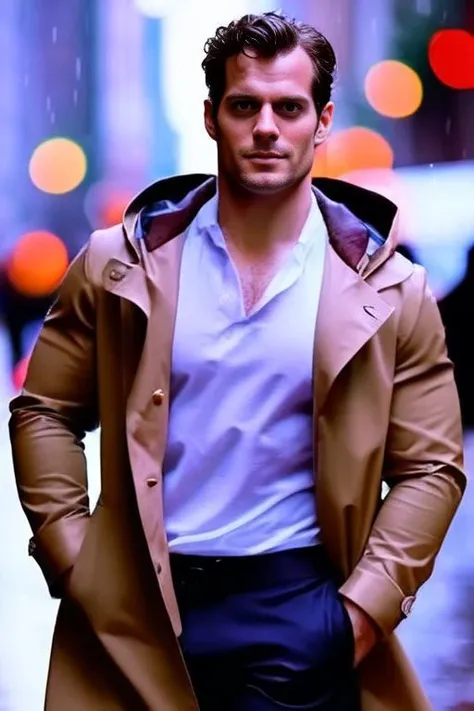 Henry Cavill a man <lora:Henry-Cavill:1>, wearing a rain coat, crop top, city street, bokeh, homoerotic, rainy day, 