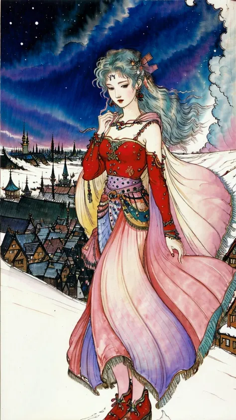 <lora:1 amano yoshitaka FF:1.2> amano yoshitaka , traditional media , watercolour, fantasy illustration , soft colors , final fantasy  <lora:tina-nvwls-v1:0.8> tina branford, red dress, detached sleeves, cape, clothes around waist, green hair, hair ribbon, earrings , snow , small town , wooden houses , medieval , magical , snow flakes