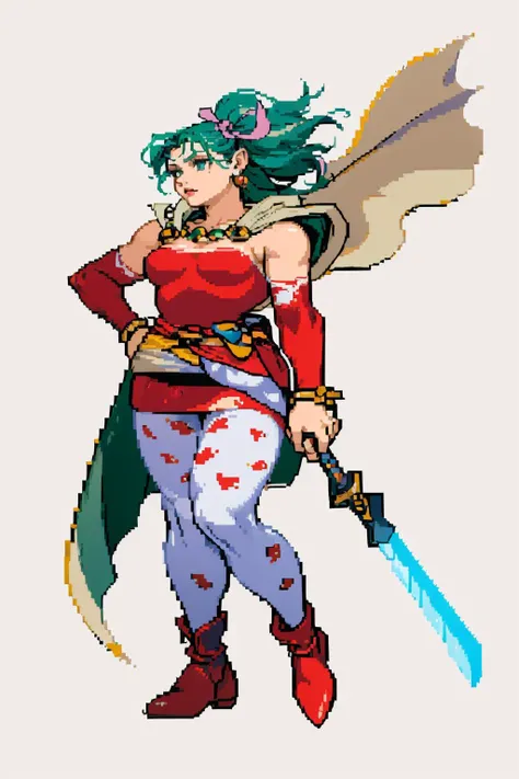 masterpiece, best quality, simple background, full body, white background, <lora:Cps2V2_Fp:1> <lora:tina-nvwls-v1-final:0.8> tina branford, green hair, cape, earrings, red dress, detached sleeves, hair ribbon, clothes around waist, print legwear, red boots, holding sword