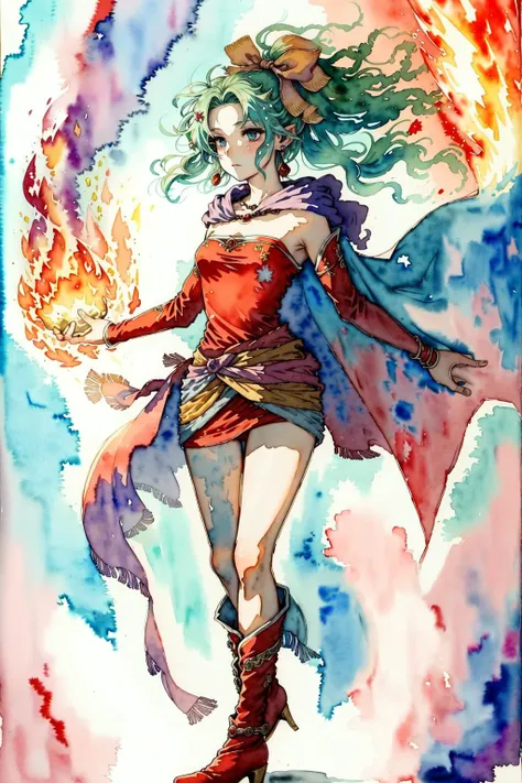 (watercolor \(medium\):1.1),masterpiece, best quality, 1girl, casting fire magic, painting of  <lora:tina-nvwls-v1:0.8>,  tina branford, green hair, cape, earrings, red dress, detached sleeves, hair ribbon, clothes around waist, print legwear, red boots, energy swirling,  [( in the style of <lora:IrisCompietStyle:0.7>):0.4]