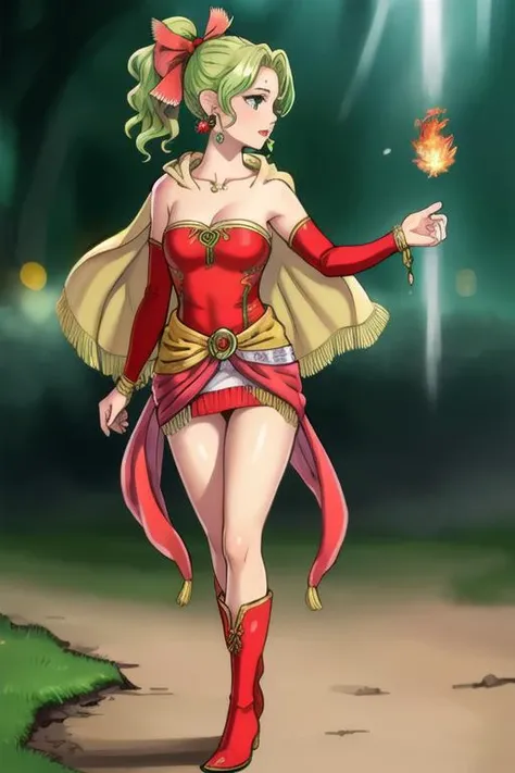 <lora:tina-nvwls-v1:0.65> tina branford, green hair, blonde hair, cape, earrings, red dress, detached sleeves, hair ribbon, clothes around waist, print legwear, red boots, trance tina, monster girl, claws, cinematic lighting, depth of field, bokeh, realism, photorealistic, hyperrealism, professional photography, uhd, dslr, hdr,