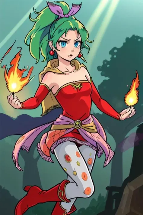 <lora:tina-nvwls-v1:0.75> tina branford, green hair, blue eyes, cape, earrings, red dress, detached sleeves, hair ribbon, clothes around waist, print legwear, red boots, angry, fire magic flaming aura, depth of field, bokeh, god rays, vivid colors, cinematic hard lighting, smooth shadows, SFW