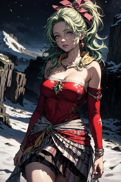 absurdres, (best quality), (masterpiece),(ultra-detailed:1.2),(photorealistic:1.1),ultra high res,cowboy shot,
1girl,expressionless,
<lora:tina-nvwls-v1-final:0.8> tina branford, green hair, blonde hair, cape, earrings, red dress, detached sleeves, hair ribbon, clothes around waist,
snow mountain,rain,snow,cliff,coal mine,
(night:1.3),
<lora:sanDka2:-0.3>
<lora:flat2:-0.5>,
<lora:LowRa:0.5>, dark theme, 
<lora:anime_minimalist_v1-000020:-0.1>