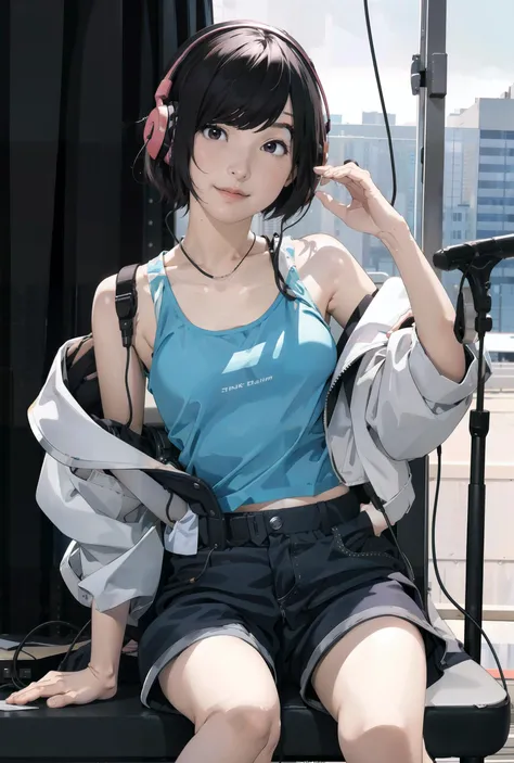 <lora:sakuraayane_lora:1.0>, ayane sakura, open jacket, tanktop, radio station, headphones, microphone, sitting in chair