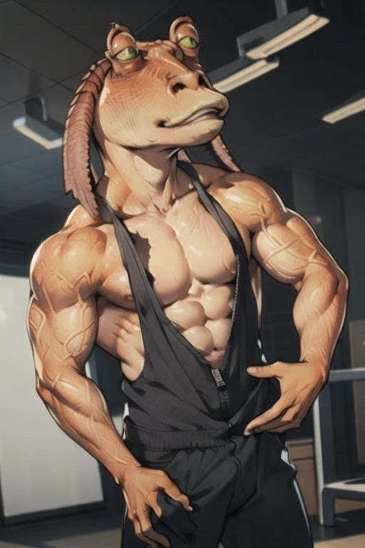 masterpiece, best quality, jar jar binks, YaranaikaFace, blush, muscular, gothic, blue_jumpsuit, partially unzipped, shirtless, undressing, <lora:Yaranaika:0.8>, <lora:jarJarBinksGunganStar_v3:0.6>