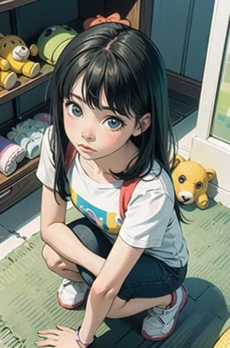 (masterpiece, best quality), (colorful:1.4), from above, solo, 1girl squatting on the ground of a store with lots of stuffed animals on the shelves, depth of field,full head,pinky t shirt,cute,