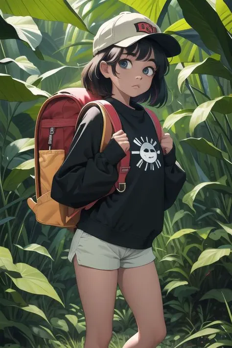 (best quality, masterpiece), 1girl, long sleeves, cap, shorts, jungle, backpack, sun, tired, standing,high res,(colorful:1.4),looking at viewer,puff eyes,