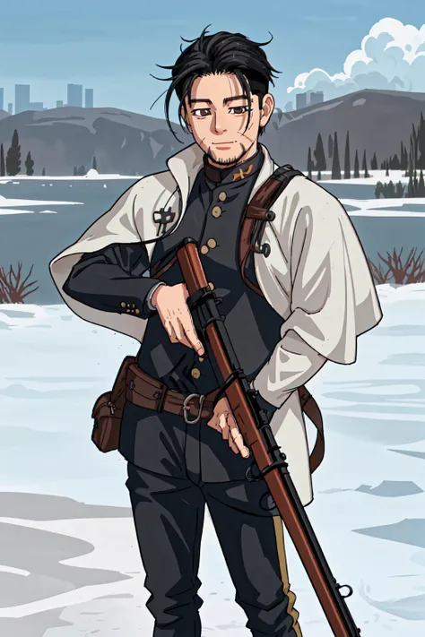outdoors, <lora:weixing-000008:1> weixing, black hair, 1male, <lora:leveractionrifle-AOM2:0.6> leveraction, aiming at viewer, bayonet