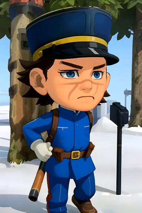 <lora:ach02-000010:0.8> chibi, outdoors, <lora:shanyuan-000008:1> shanyuan, 1male, military hat, blue clothing